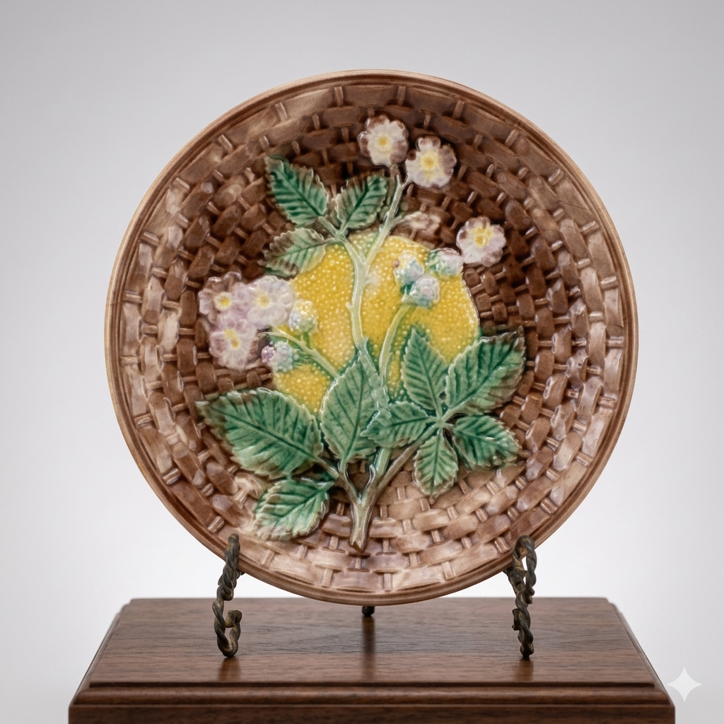 ANTIQUE BASKETWEAVE MAJOLICA PLATE BLACK BERRY